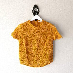 Zara Top Sz M Golden Mustard Eyelash Lace Short Sleeve Zipper Back Crop